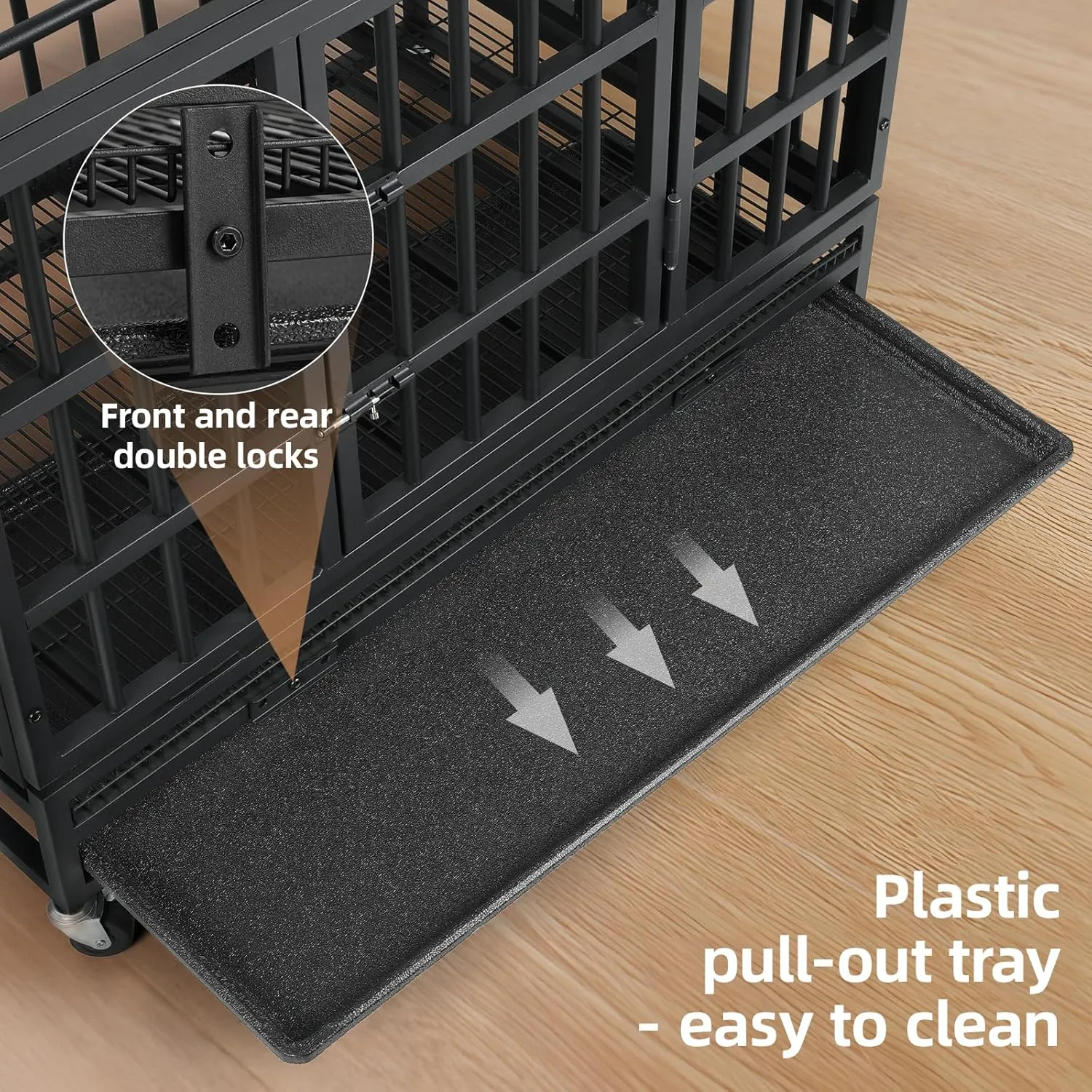 VOWNER 38 Heavy Duty Indestructible Dog Crate, High Anxiety Dog Crate, Escape Proof Dog Cage Kennel with 4 Lockable Wheels, Double Sturdy Locks, Double Door and Removable Tray Design, for Large Dogs