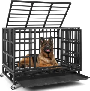 VOWNER 38 Heavy Duty Indestructible Dog Crate, High Anxiety Dog Crate, Escape Proof Dog Cage Kennel with 4 Lockable Wheels, Double Sturdy Locks, Double Door and Removable Tray Design, for Large Dogs