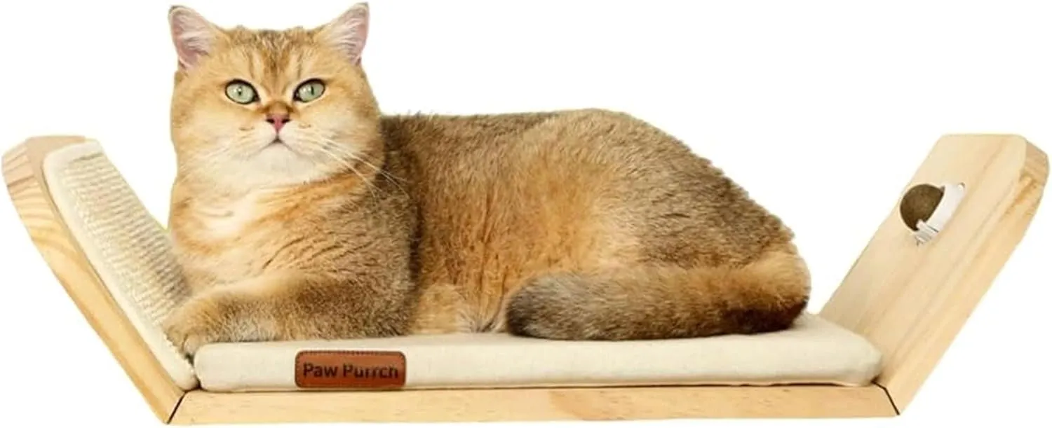 Wall-Mounted Cat Shelf With Scratcher & Catnip Ball - Solid Pine Bed, Perch, and Cushion