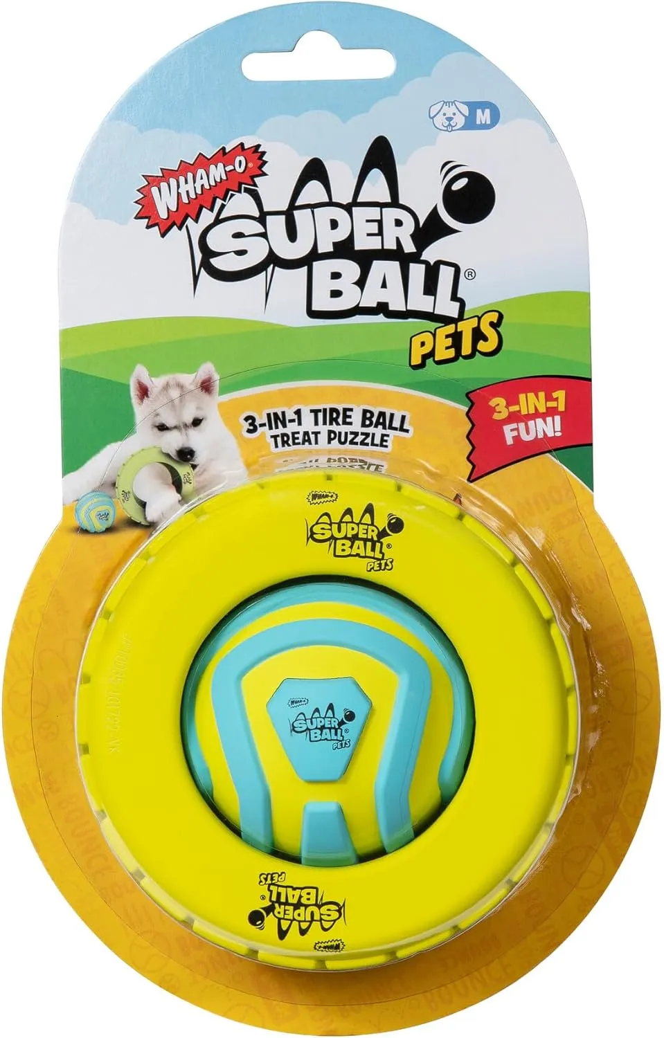 Wham-O Pets Superball 3-in-1 Tire Ball Treat Puzzle - 4-Inch Tire-Shaped Treat Puzzle with Removable 2.5-Inch Groovy Grip Superball