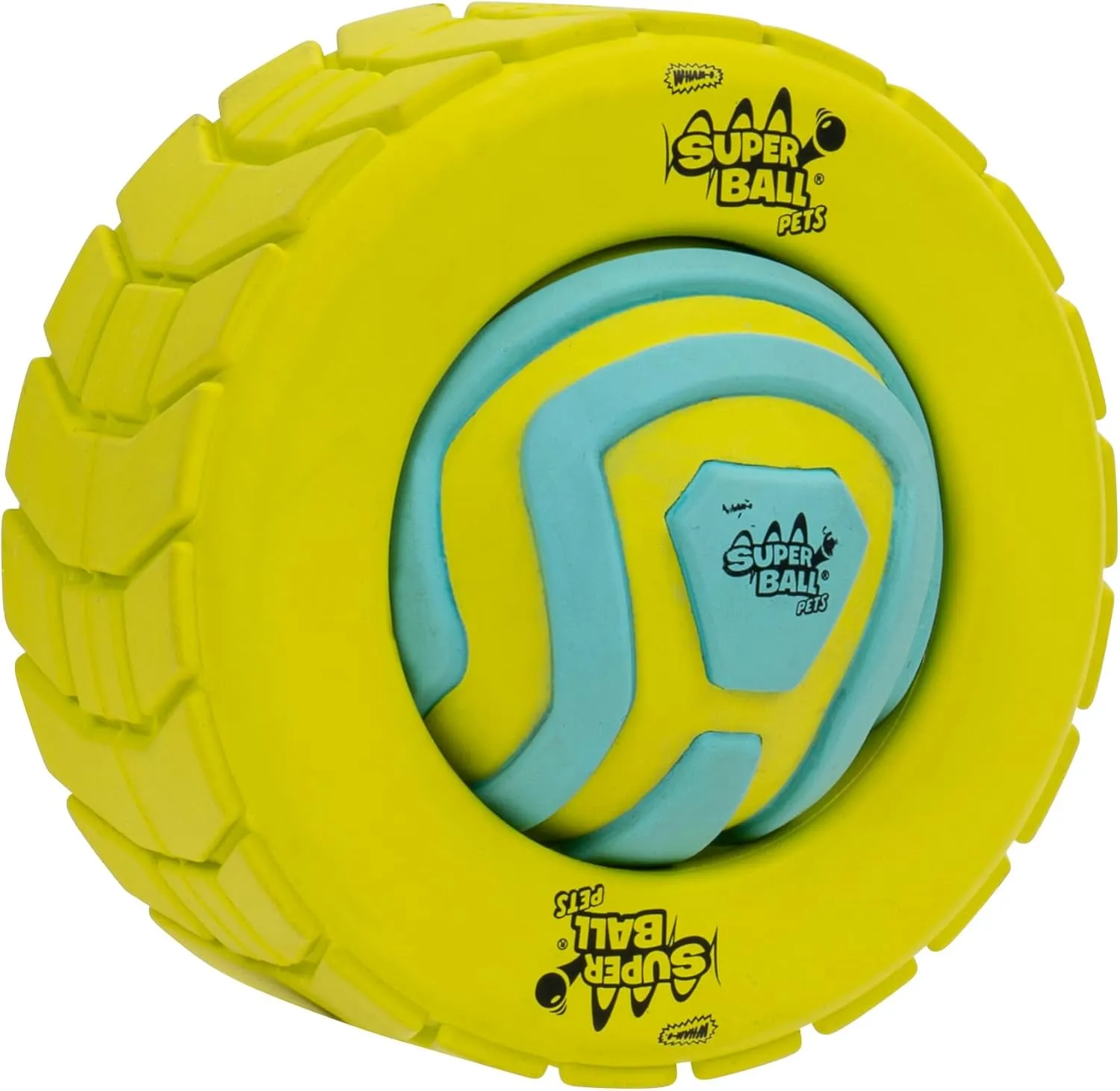 Wham-O Pets Superball 3-in-1 Tire Ball Treat Puzzle - 4-Inch Tire-Shaped Treat Puzzle with Removable 2.5-Inch Groovy Grip Superball