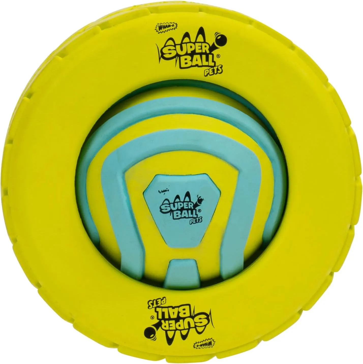 Wham-O Pets Superball 3-in-1 Tire Ball Treat Puzzle - 4-Inch Tire-Shaped Treat Puzzle with Removable 2.5-Inch Groovy Grip Superball