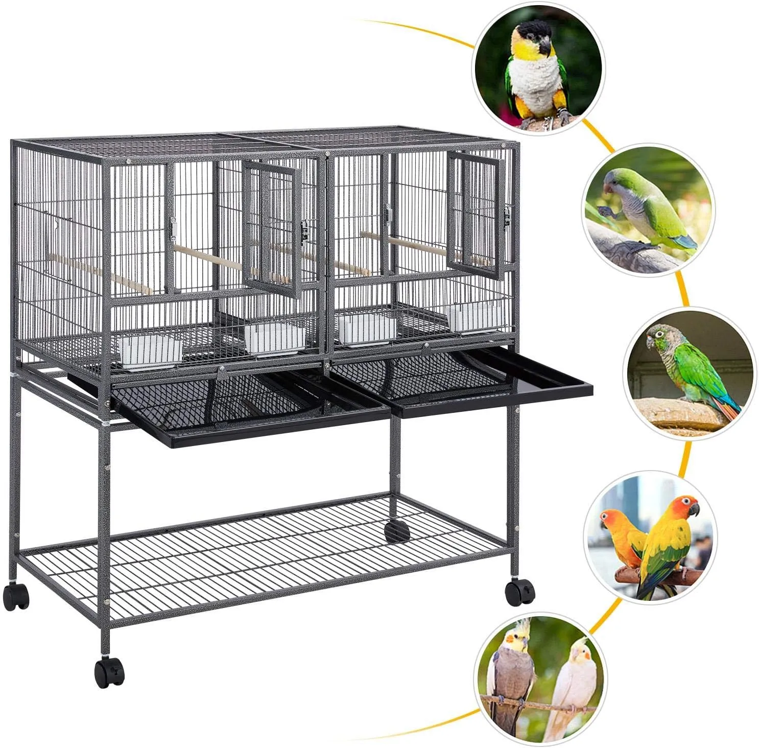 Yaheetech 41.5" Stackable Divided Breeder Breeding Parakeet Bird Cage for Canaries Cockatiels Lovebirds Finches Budgies Small Parrots with Rolling Stand, Black