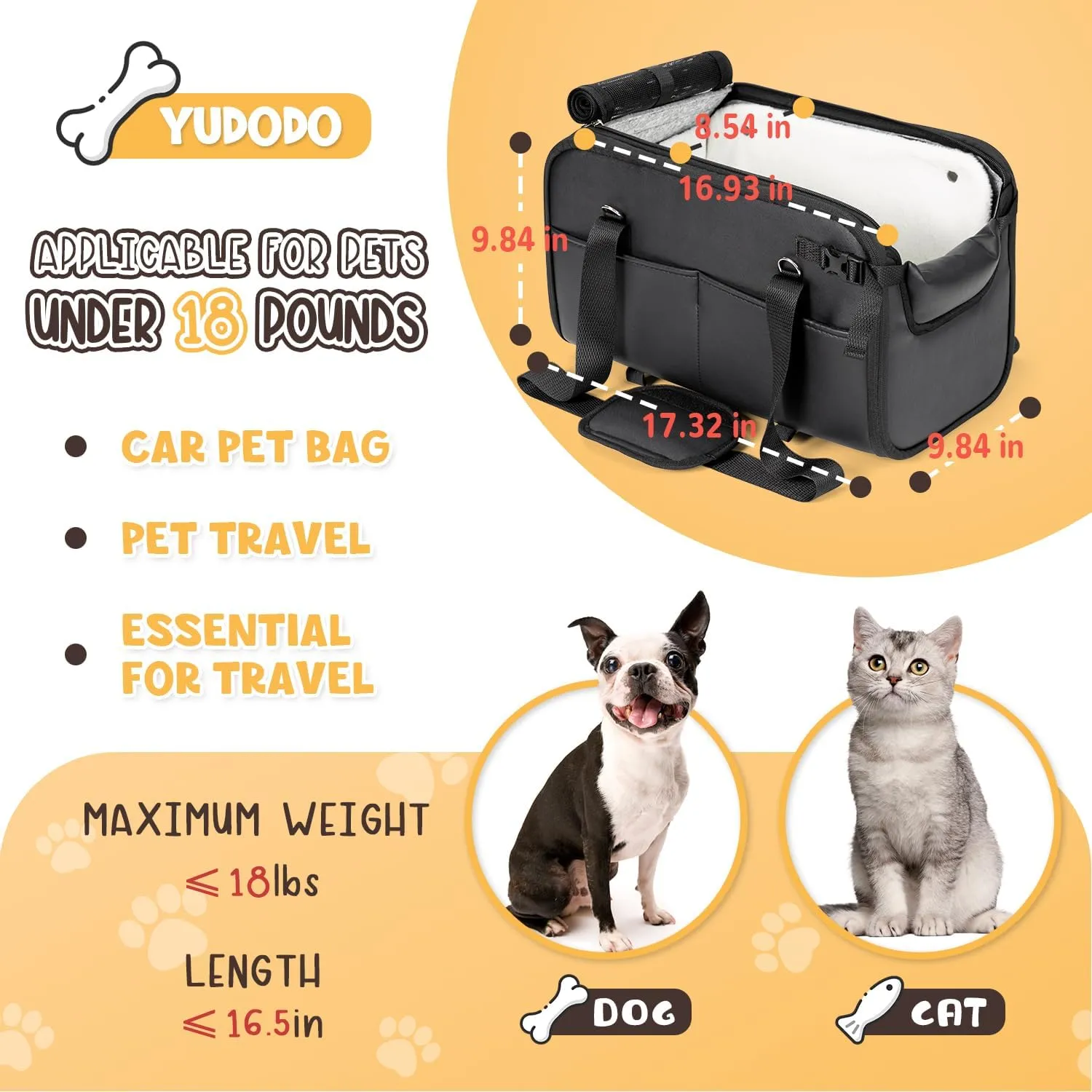 YUDODO 18lbs Dog Car Seat (Width >9in) for Small Dog Center Console with Removable Cushion Puppy Cat Travel Portable Booster Seat Anti-Slip Pet Car Bed Carseat PU Leather(Black)