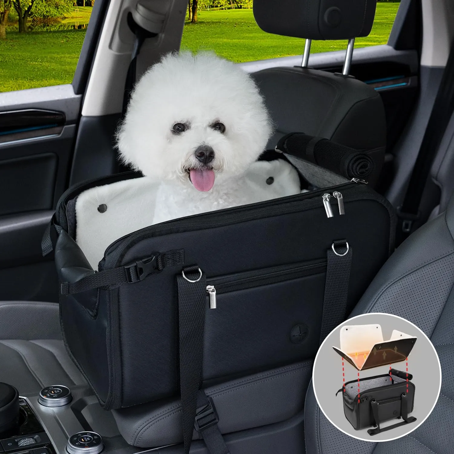 YUDODO 18lbs Dog Car Seat (Width >9in) for Small Dog Center Console with Removable Cushion Puppy Cat Travel Portable Booster Seat Anti-Slip Pet Car Bed Carseat PU Leather(Black)